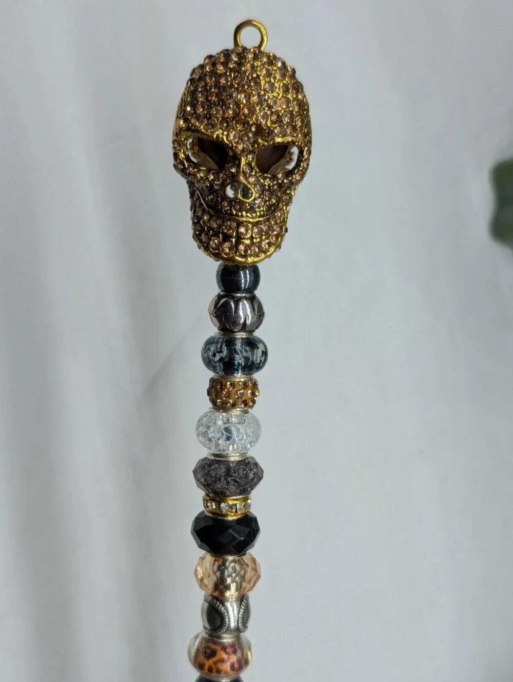 Hand Made Beaded Fairy Wand/Plant/Garden Stake W/Gold Crystal Skull Topper.